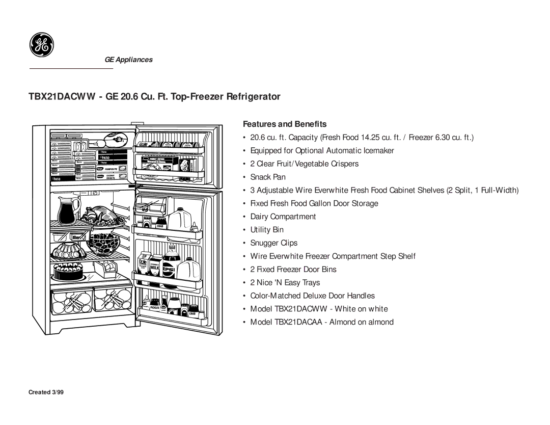 GE TBX21DACWW, TBX21DACAA dimensions Features and Benefits 