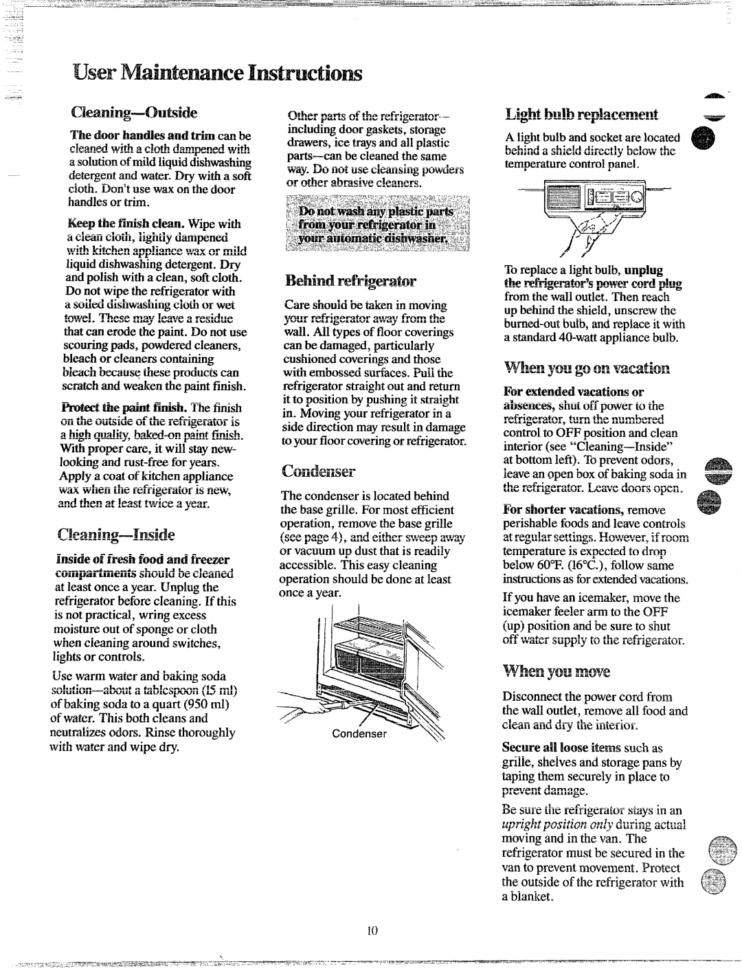 GE TBXE18D manual Behd refrigerator, Seating-oukide, Comkmsw, Lightbulbrepkm!mmt q@gfR, Vwen yougoon vacation 