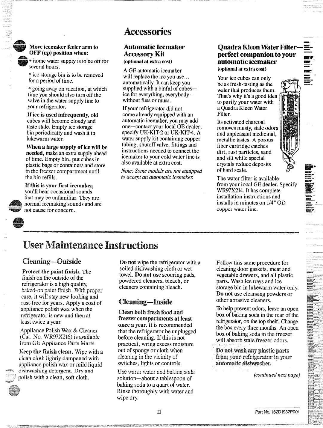 GE TBXK17 Kcessories, UserMaintenanceInstructions, AMtmaticIcemaler, If ice is used infreq~lently,old, Tlp~inalatextrncost 