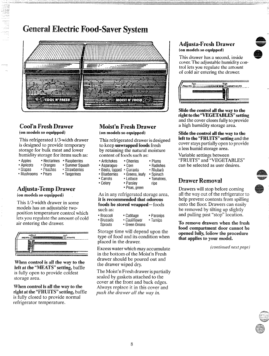 GE TBXK17 manual GeneralElectricFood-saversystem, AdjustaTempDrawer, Moist’n Fresh Drawer 