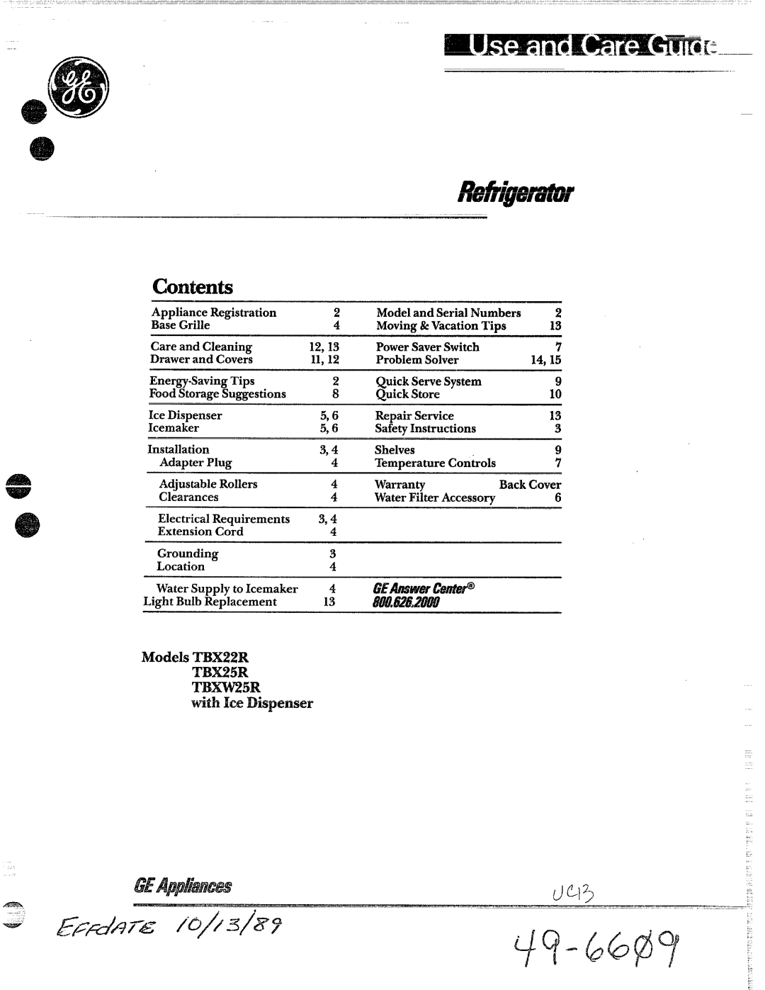 GE TBX25R, TBXW25R warranty Contents 