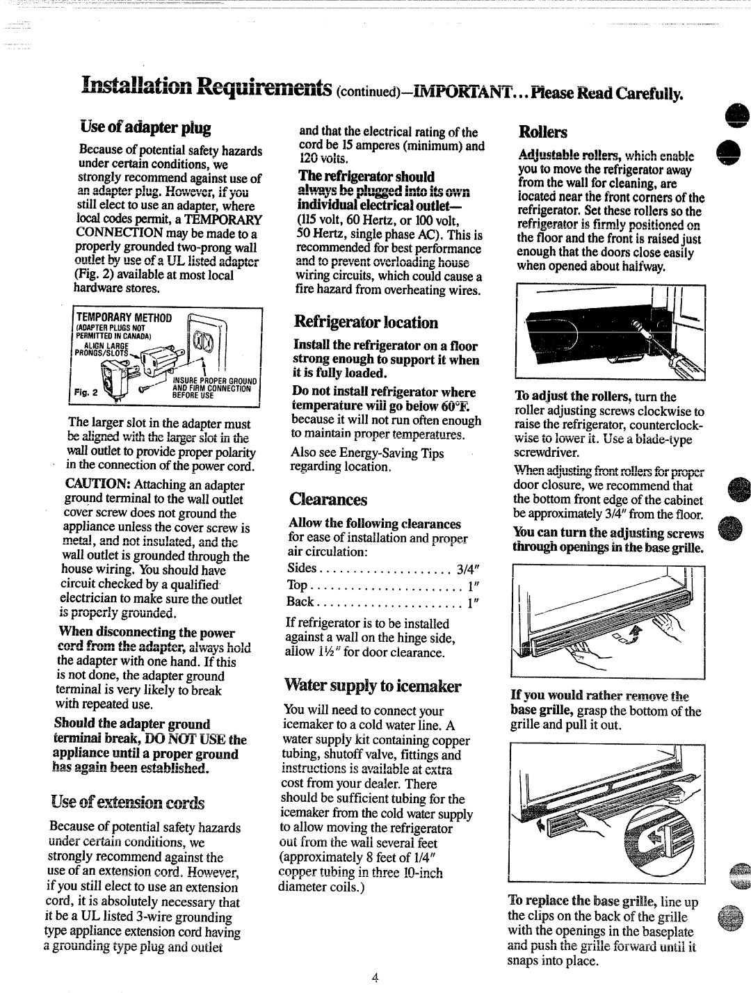 GE TBXW25R, TBX25R warranty Useofahpkrpl~, UseOfemmion Corb, Refrigerabr!ocation, Watirsupplytoicemaker, AlwysWpl~ed inbibwn 