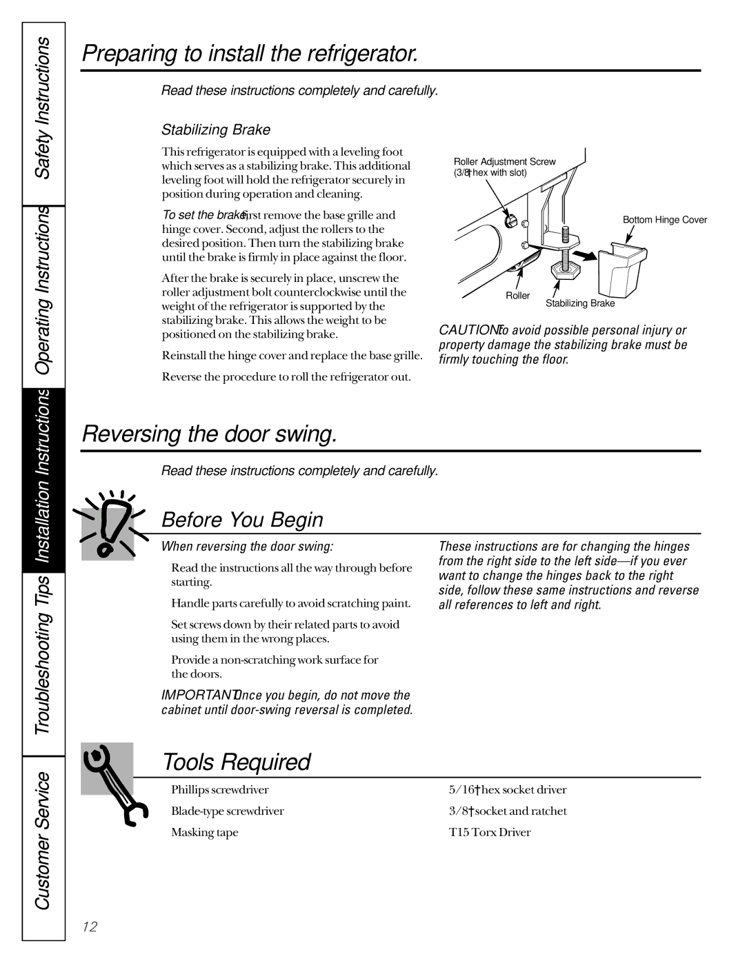GE TCX22 owner manual Reversing the door swing, Tools Required, Stabilizing Brake 