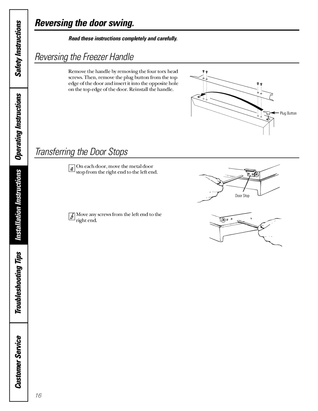 GE TCX22 owner manual Reversing the Freezer Handle, Transferring the Door Stops 