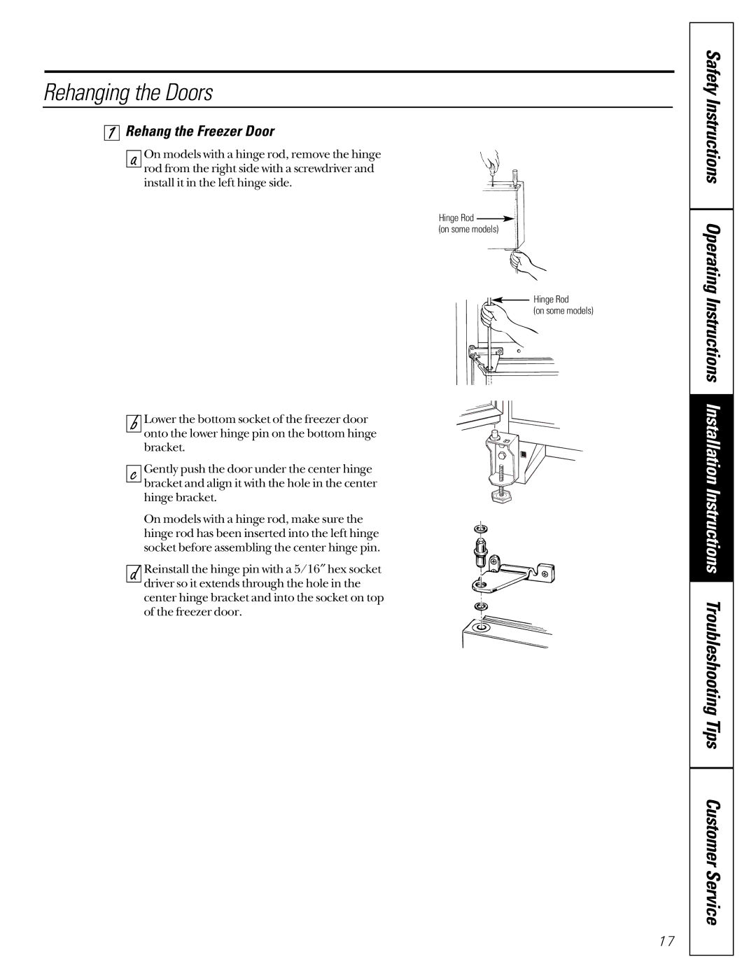 GE TCX22 owner manual Rehanging the Doors, Rehang the Freezer Door 