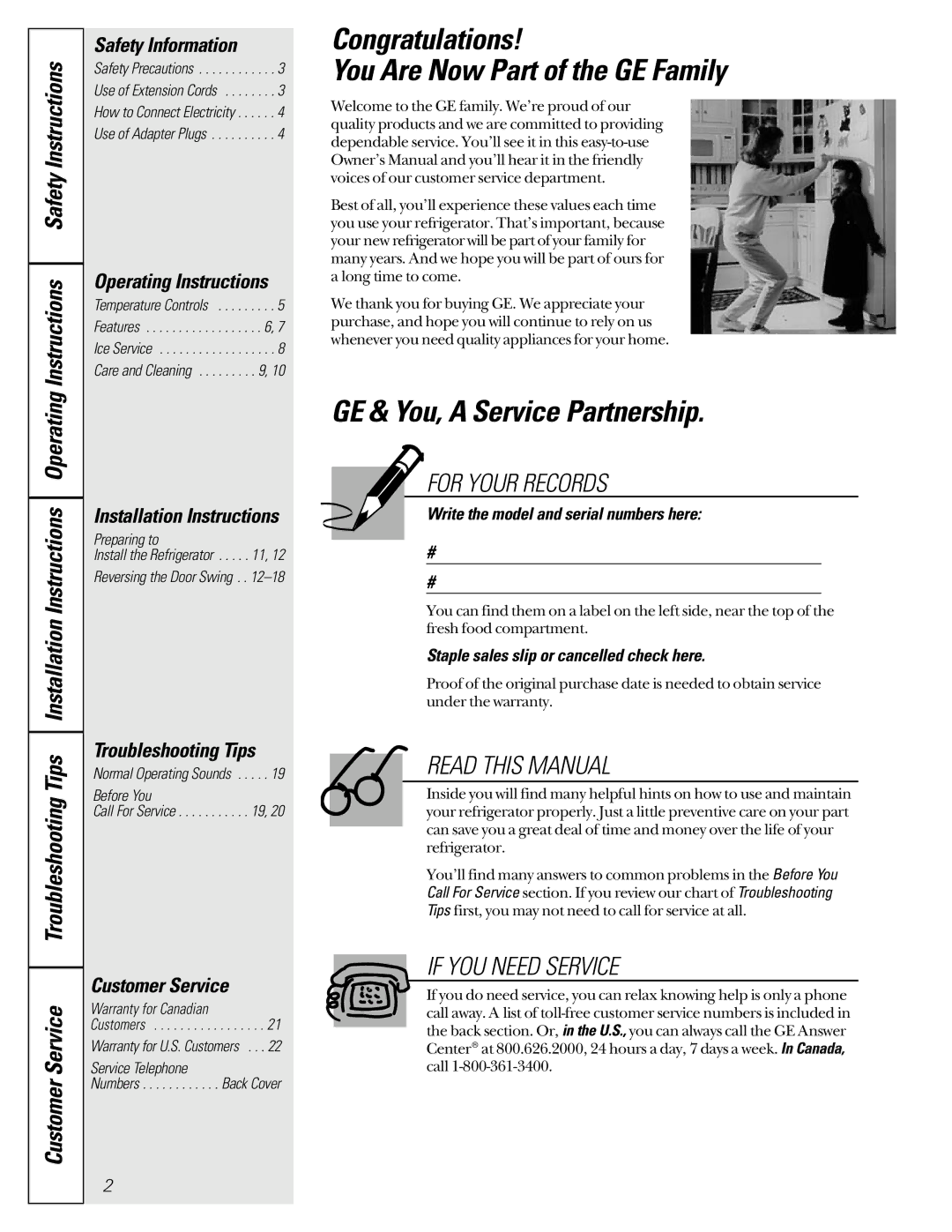 GE TCX22 owner manual Congratulations You Are Now Part of the GE Family, GE & You, a Service Partnership, Customer Service 