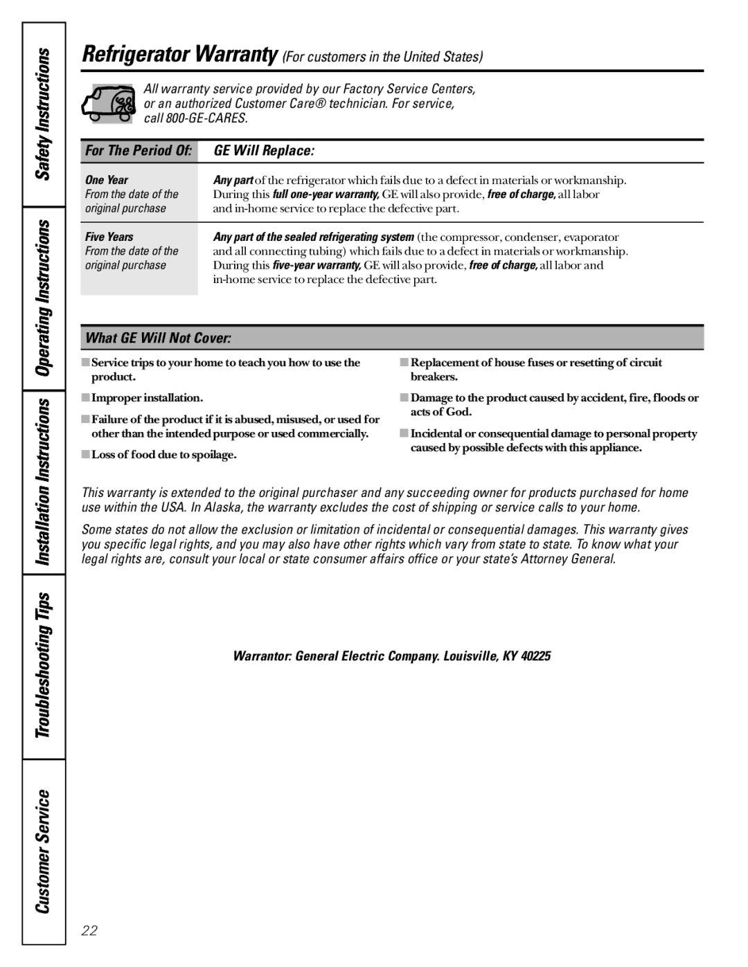 GE TCX22 owner manual OperatingInstructions SafetyInstructions, TroubleshootingTips Customer Service, GE Will Replace 