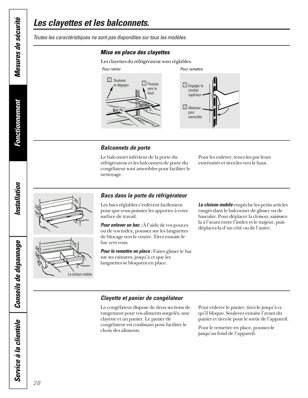 GE TCX22 owner manual Les clayettes et les balconnets, Dépannage 