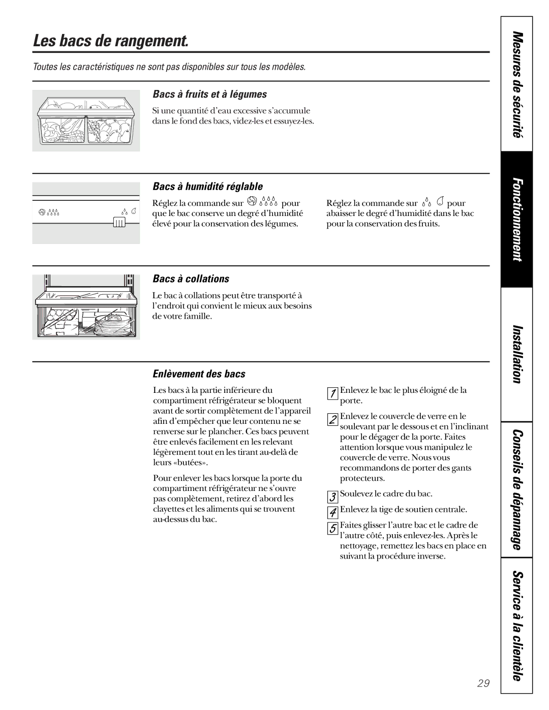 GE TCX22 owner manual Les bacs de rangement, Conseils de dépannage Service à la clientèle 