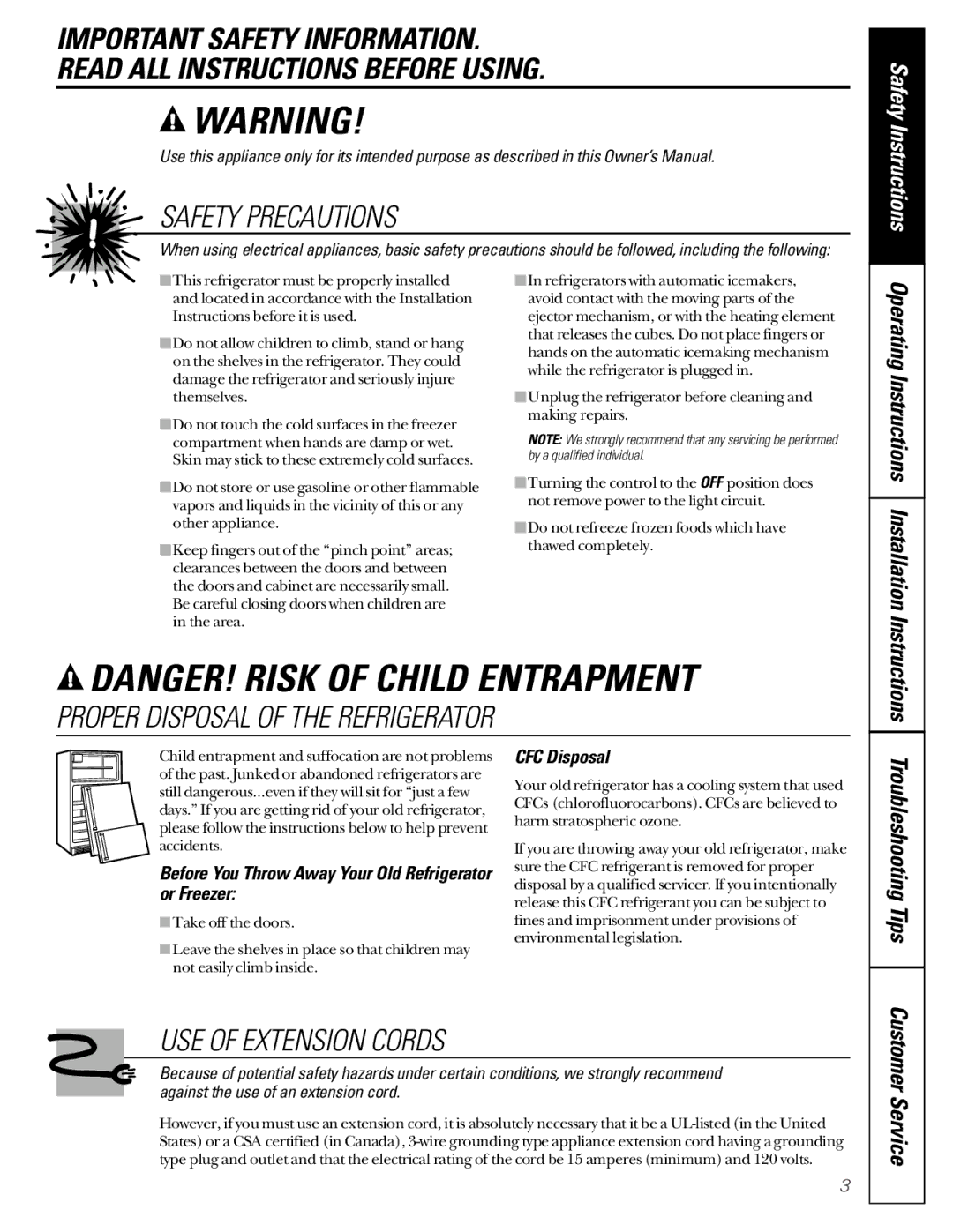 GE TCX22 Operating Instructions Installation, Troubleshooting Tips, Before You Throw Away Your Old Refrigerator or Freezer 