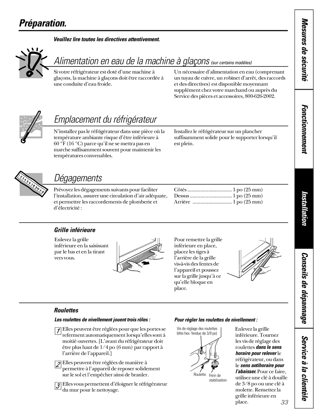 GE TCX22 owner manual Préparation, Dégagements, Service à la clientèle, Roulettes 