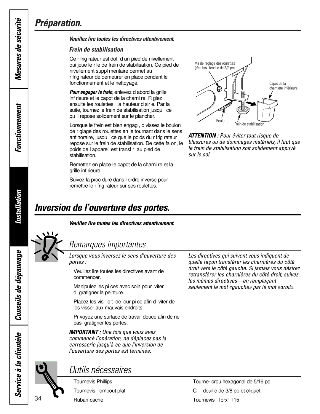 GE TCX22 owner manual Inversion de l’ouverture des portes, Outils nécessaires, Service à la, Frein de stabilisation 