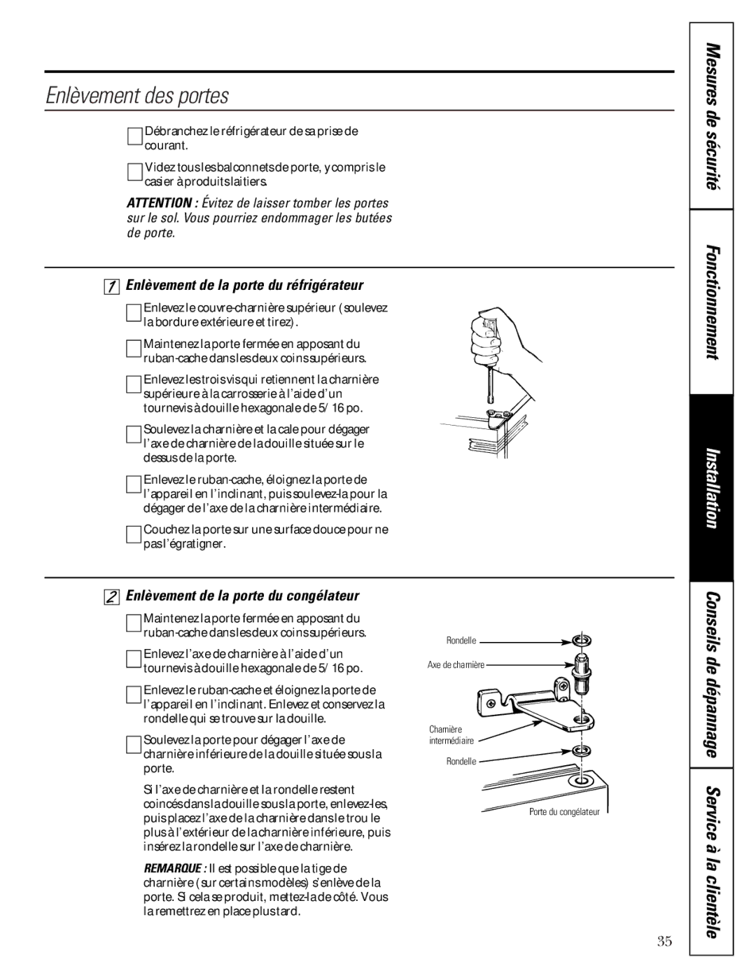 GE TCX22 owner manual Enlèvement des portes, Mesures de sécurité Fonctionnement, Enlèvement de la porte du réfrigérateur 