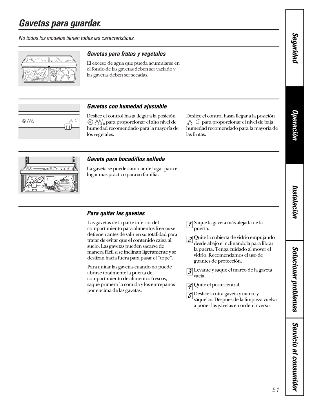 GE TCX22 owner manual Gavetas para guardar, Solucionar problemas Servicio al consumidor 