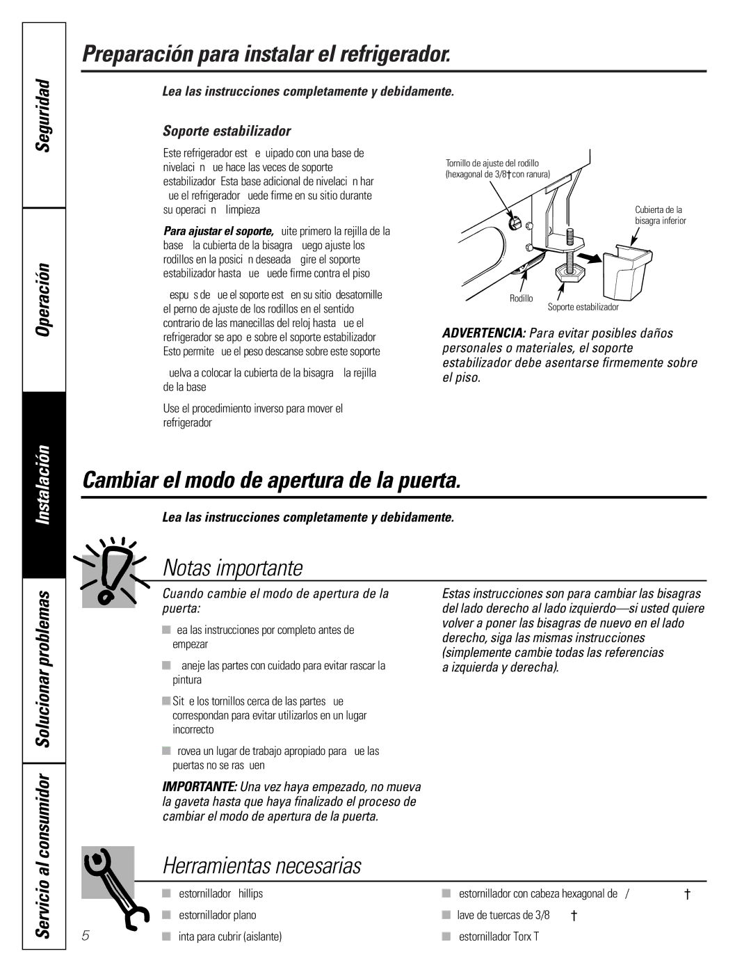 GE TCX22 owner manual Cambiar el modo de apertura de la puerta, Notas importante, Herramientas necesarias, Servicio al 