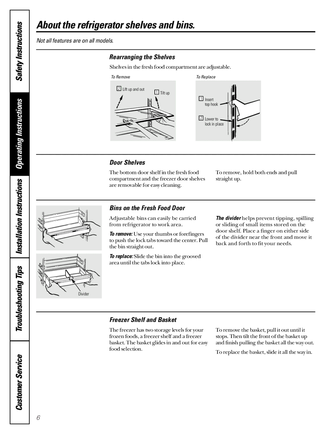 GE TCX22 owner manual About the refrigerator shelves and bins, SafetyInstructions 