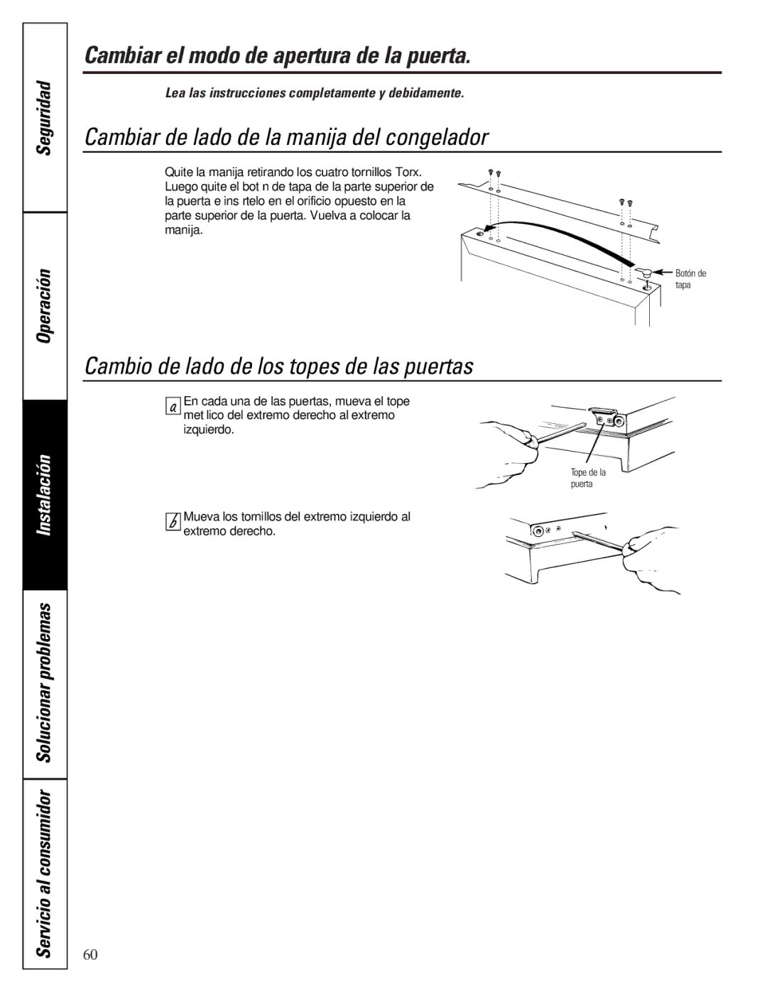 GE TCX22 owner manual Cambiar de lado de la manija del congelador, Cambio de lado de los topes de las puertas 