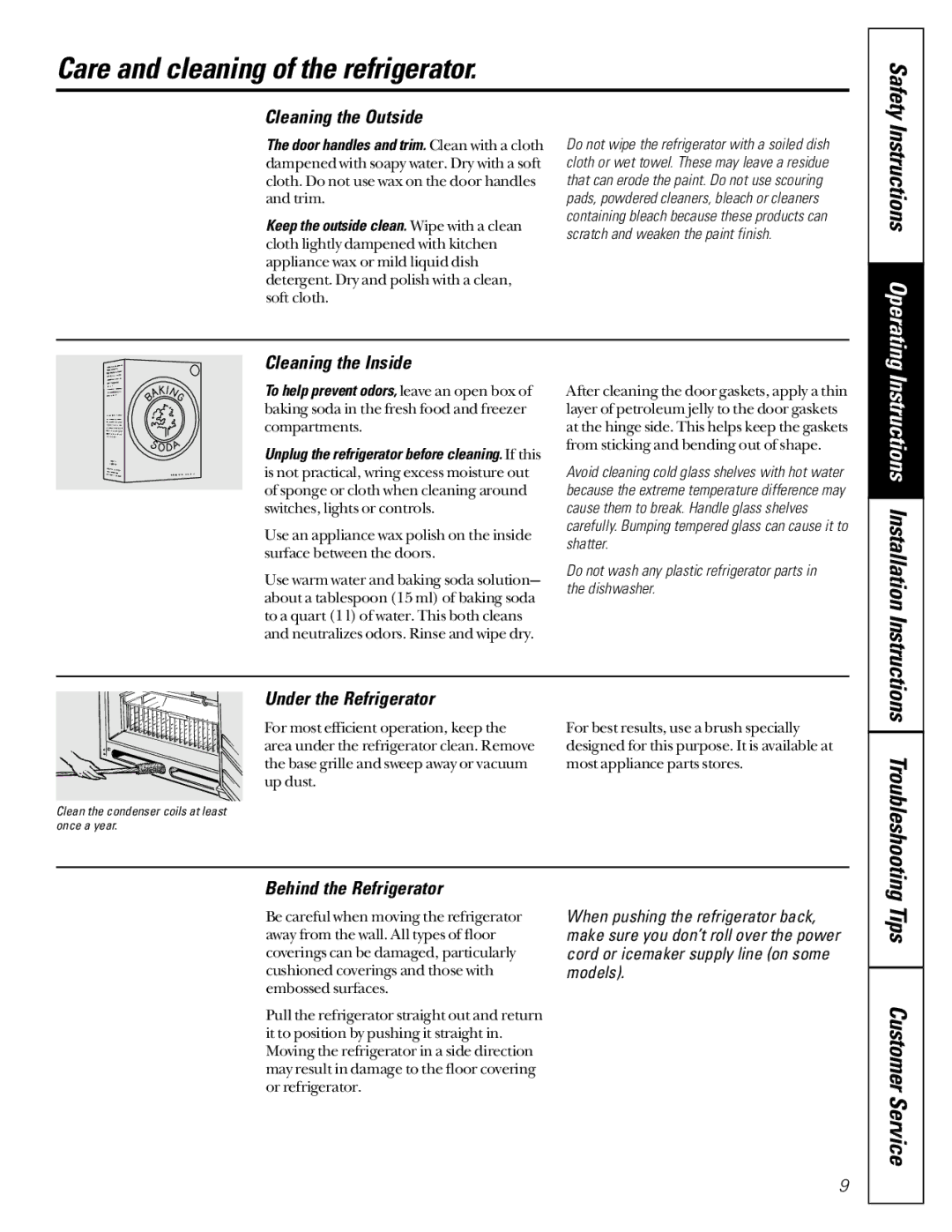 GE TCX22 owner manual Care and cleaning of the refrigerator, Safety, Tips, Instructions Operating 