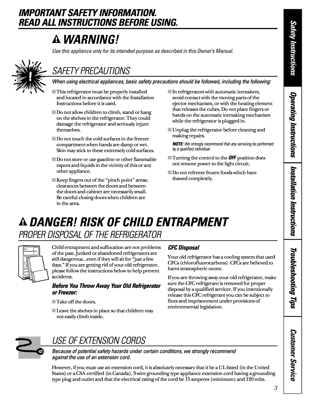 GE TCX22 Danger! Risk Of Child Entrapment, Important Safety Information Read All Instructions Before Using, CFC Disposal 