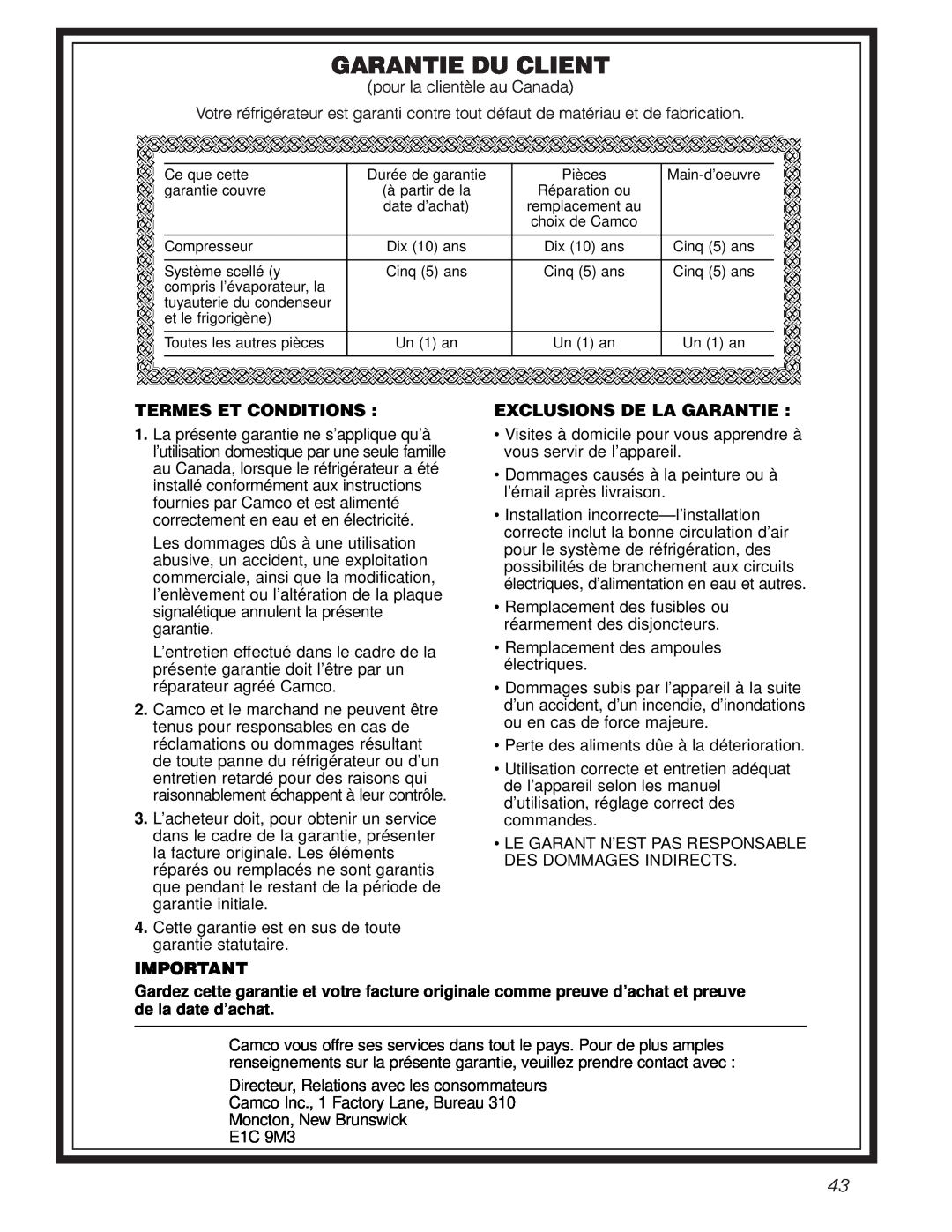 GE TCX22 owner manual Garantie Du Client, Termes Et Conditions, Exclusions De La Garantie 