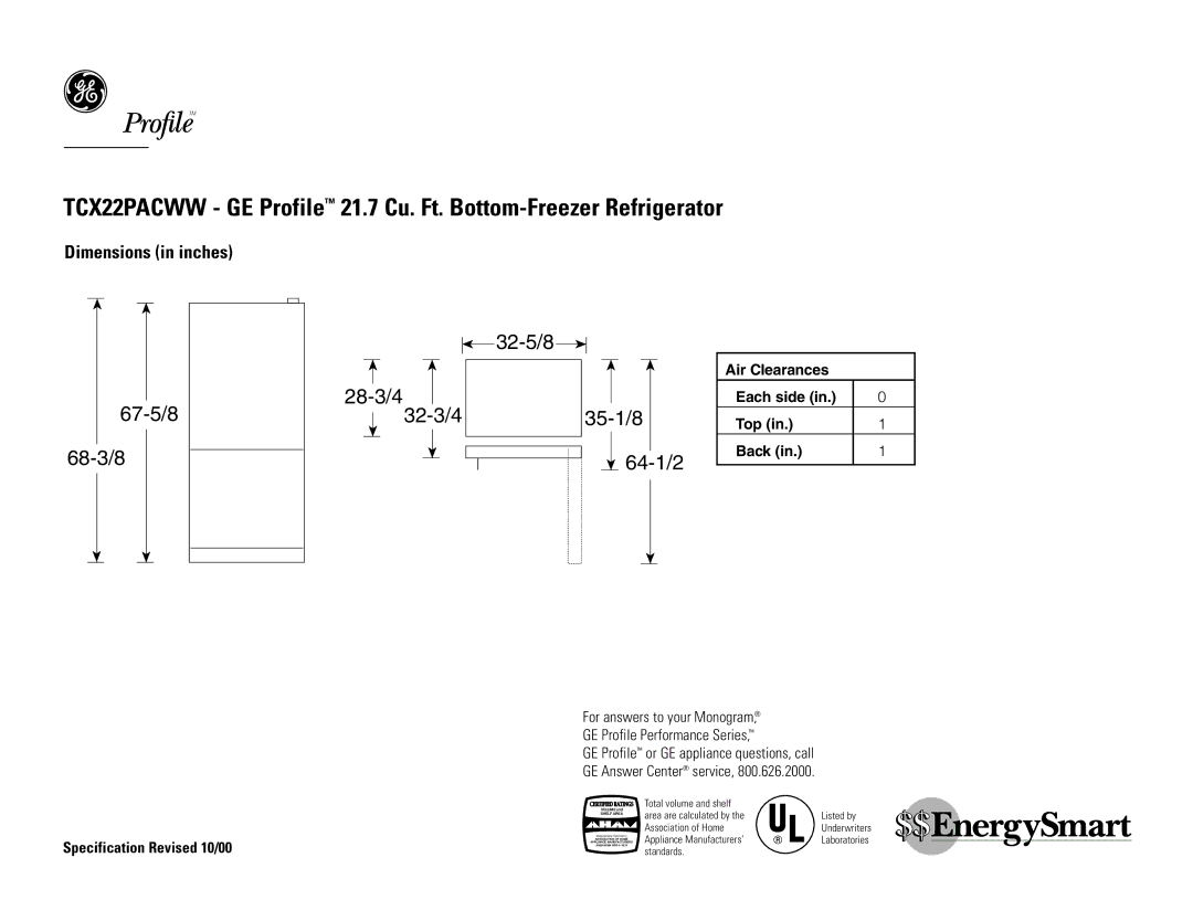 GE TCX22PACWW, TCX22PACBB dimensions 67-5/8 68-3/8 32-5/8 28-3/4 32-3/4 35-1/8 64-1/2, Air Clearances Each side Top Back 