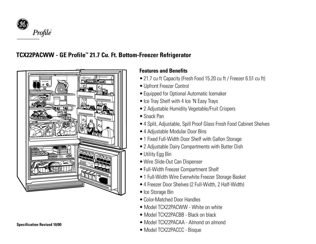 GE TCX22PACCC, TCX22PACBB, TCX22PACWW, TCX22PACAA dimensions Features and Benefits 