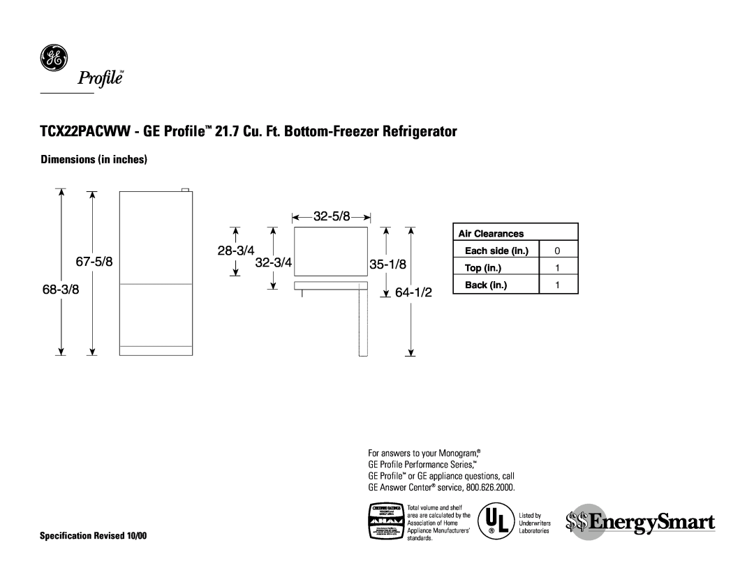 GE dimensions TCX22PACWW - GE Profile 21.7 Cu. Ft. Bottom-Freezer Refrigerator, 67-5/8 68-3/8, 32-5/8 28-3/4, 32-3/4 