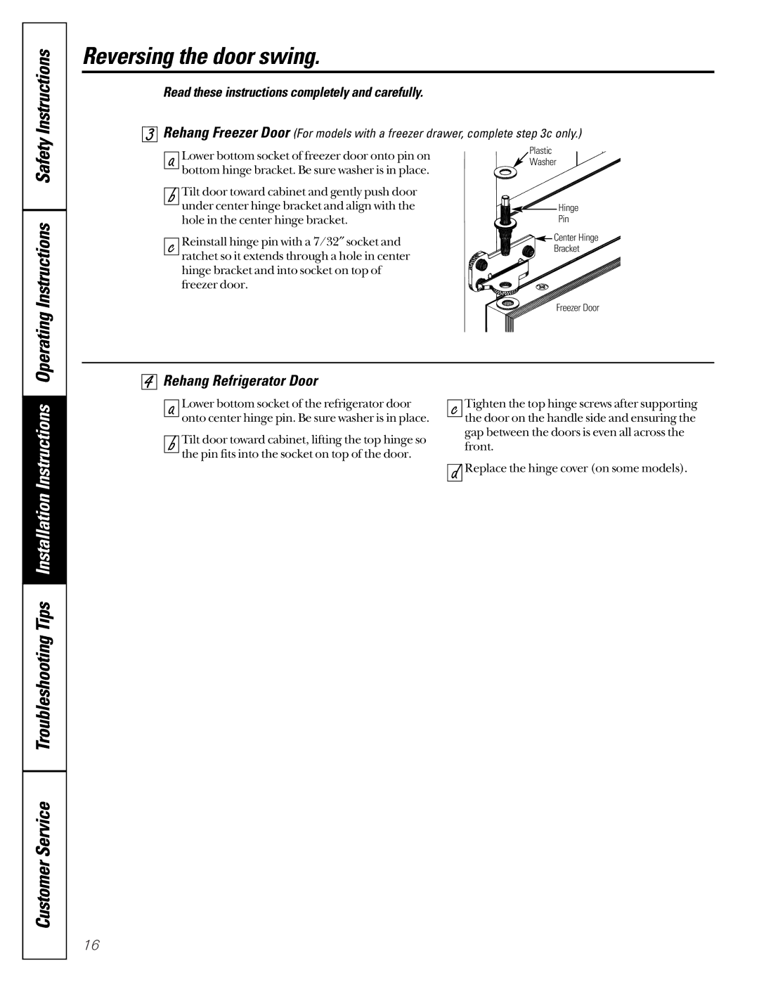 GE TCD18, TDC18, TCX18, TCS18, TCC18 owner manual OperatingInstructions, Rehang Refrigerator Door 