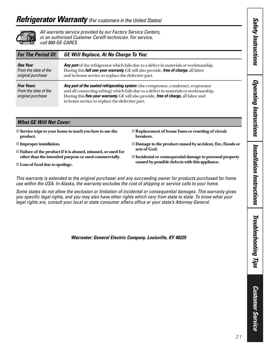 GE TCD18, TDC18 Instructions Troubleshooting Tips, Safety Instructions Operating Instructions, What GE Will Not Cover 