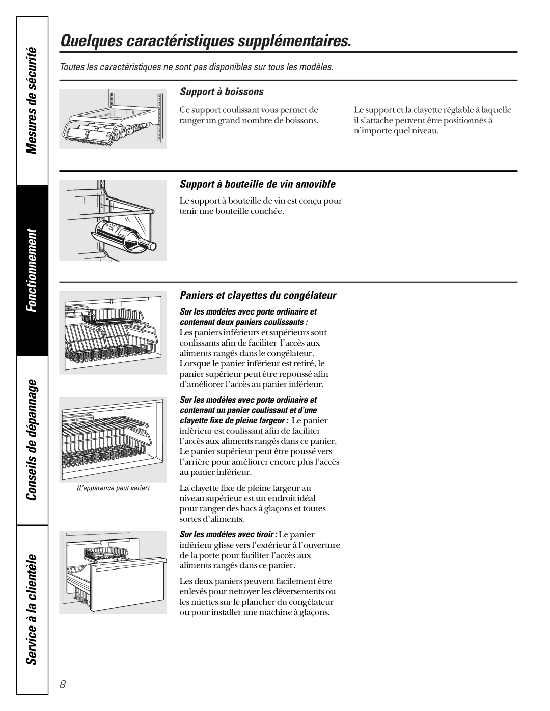 GE TDC18, TCD18, TCX18 Quelques caractéristiques supplémentaires, Support à boissons, Support à bouteille de vin amovible 