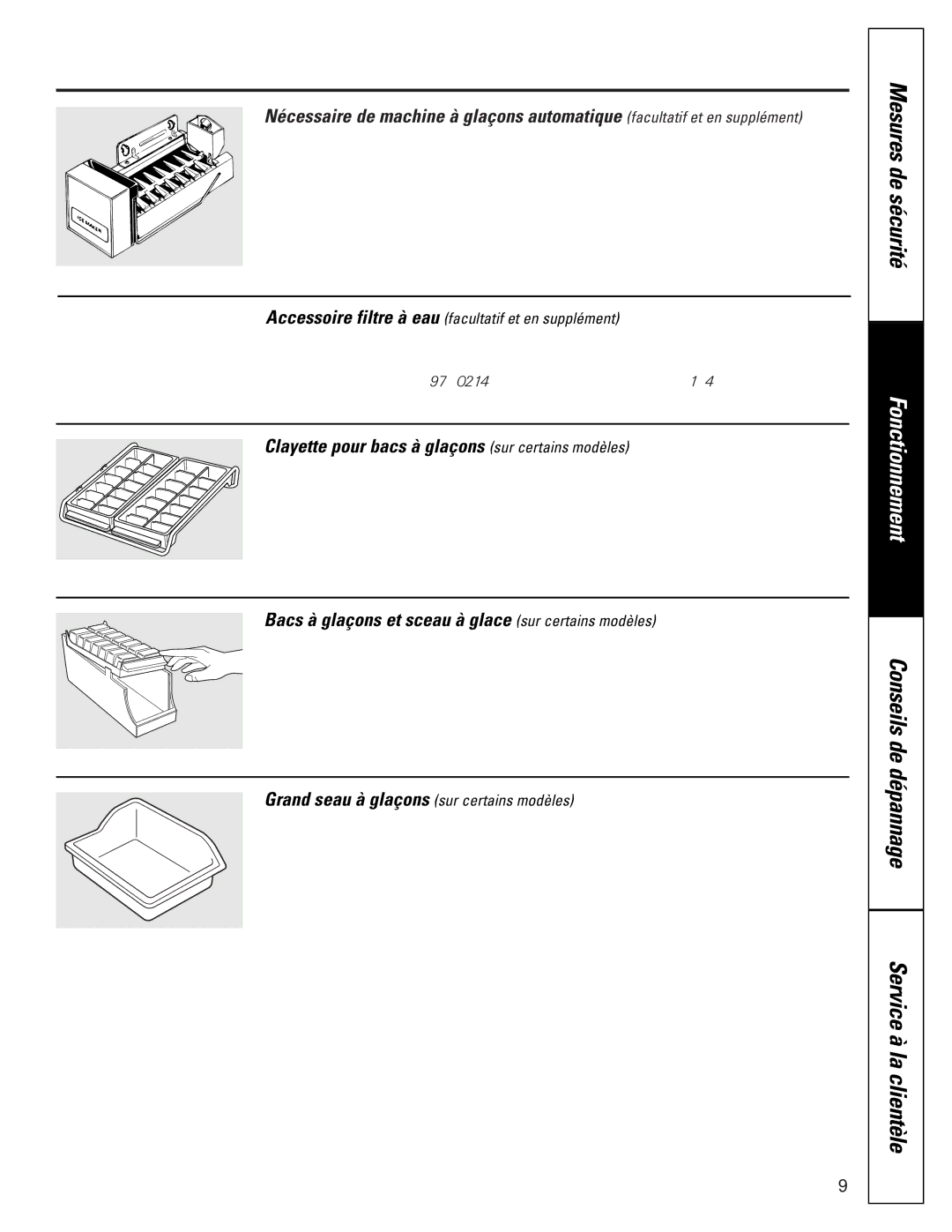 GE TCD18, TDC18 De sécurité, Clayette pour bacs à glaçons sur certains modèles, Grand seau à glaçons sur certains modèles 