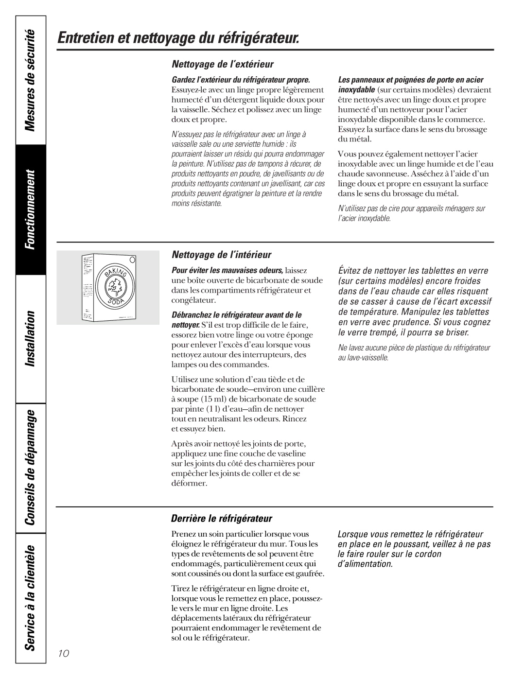 GE TCX18, TDC18, TCD18 Entretien et nettoyage du réfrigérateur, Sécurité, Mesures de, Installation Conseils de dépannage 