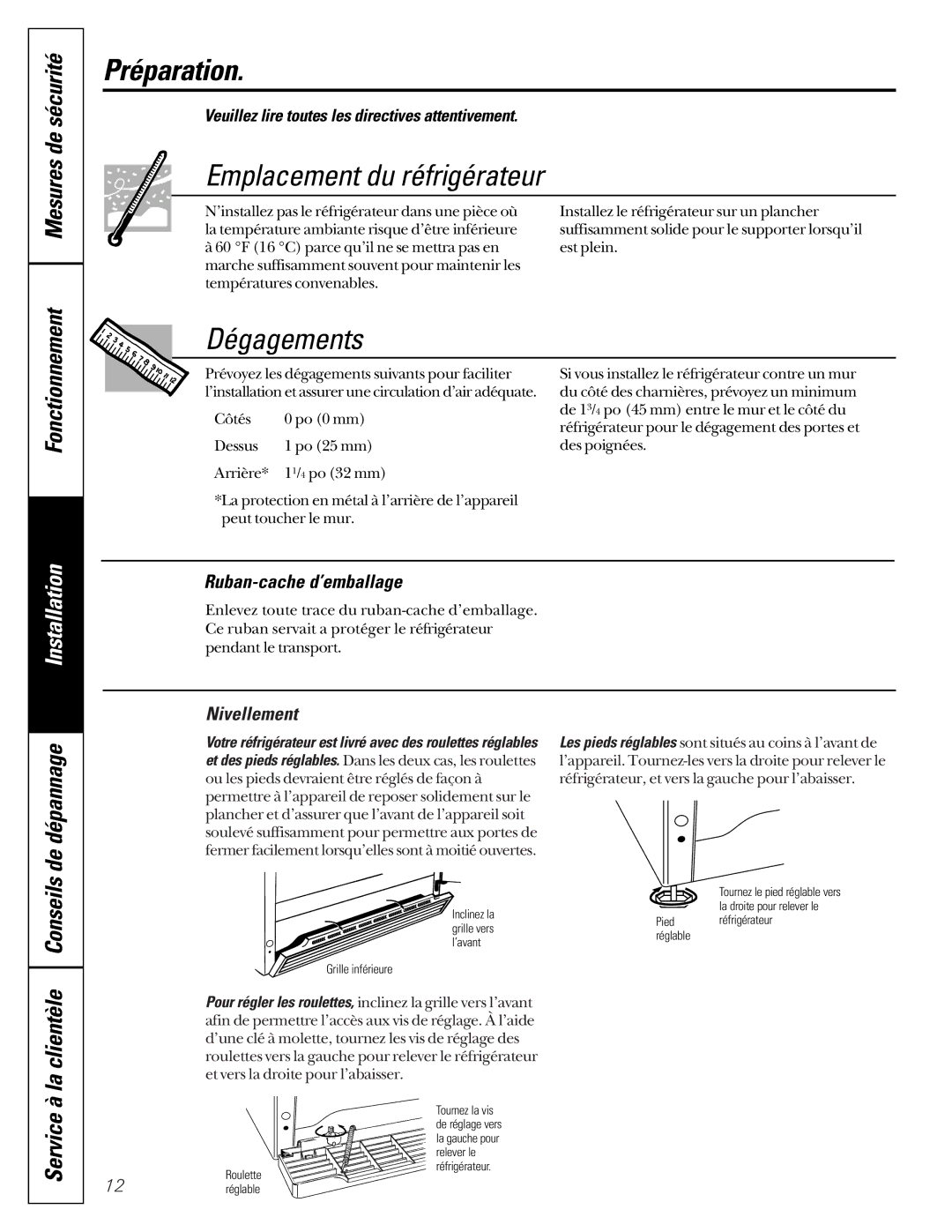 GE TCC18, TDC18, TCD18, TCX18, TCS18 owner manual Préparation, Emplacement du réfrigérateur, Dégagements 