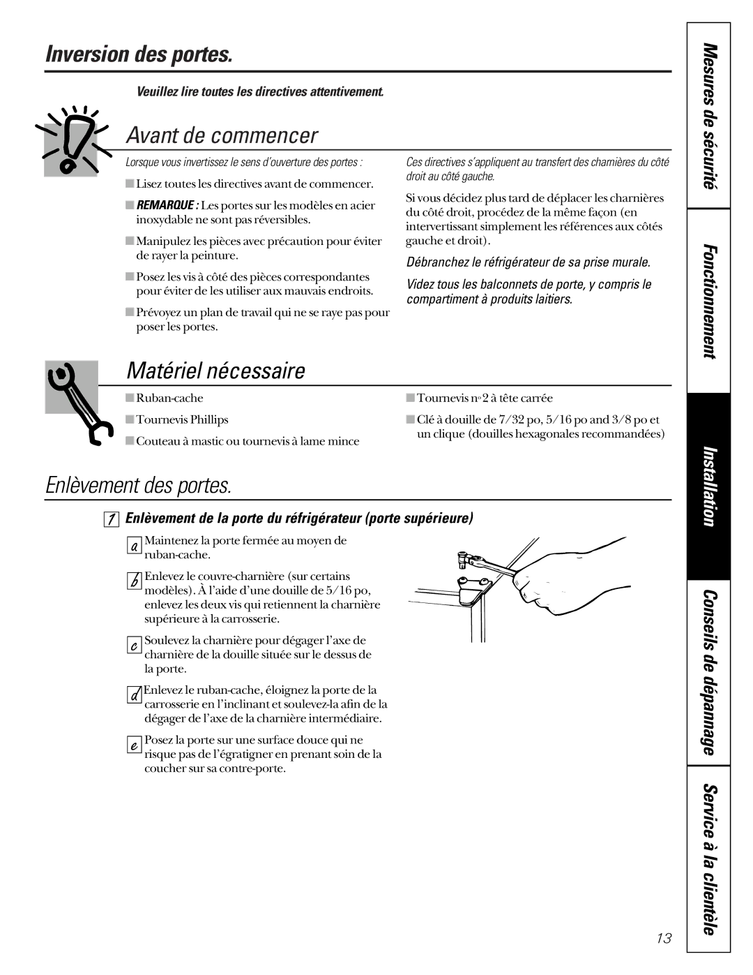 GE TDC18, TCD18, TCX18, TCS18, TCC18 Inversion des portes, Avant de commencer, Matériel nécessaire, Enlèvement des portes 