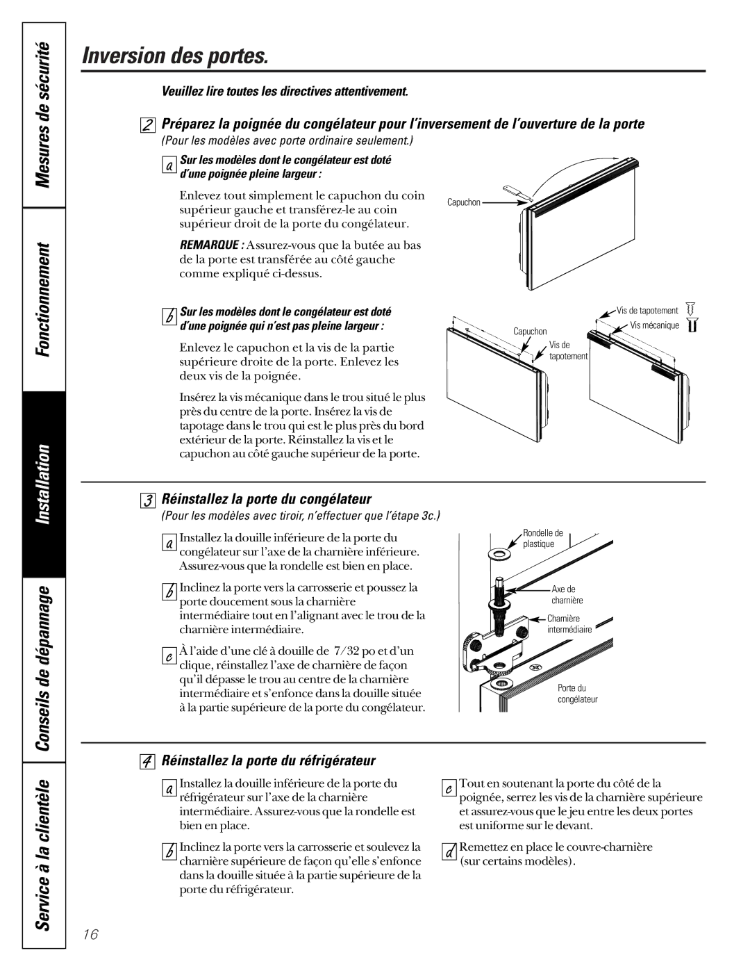 GE TCS18, TDC18, TCD18, TCX18, TCC18 owner manual Réinstallez la porte du congélateur, Réinstallez la porte du réfrigérateur 