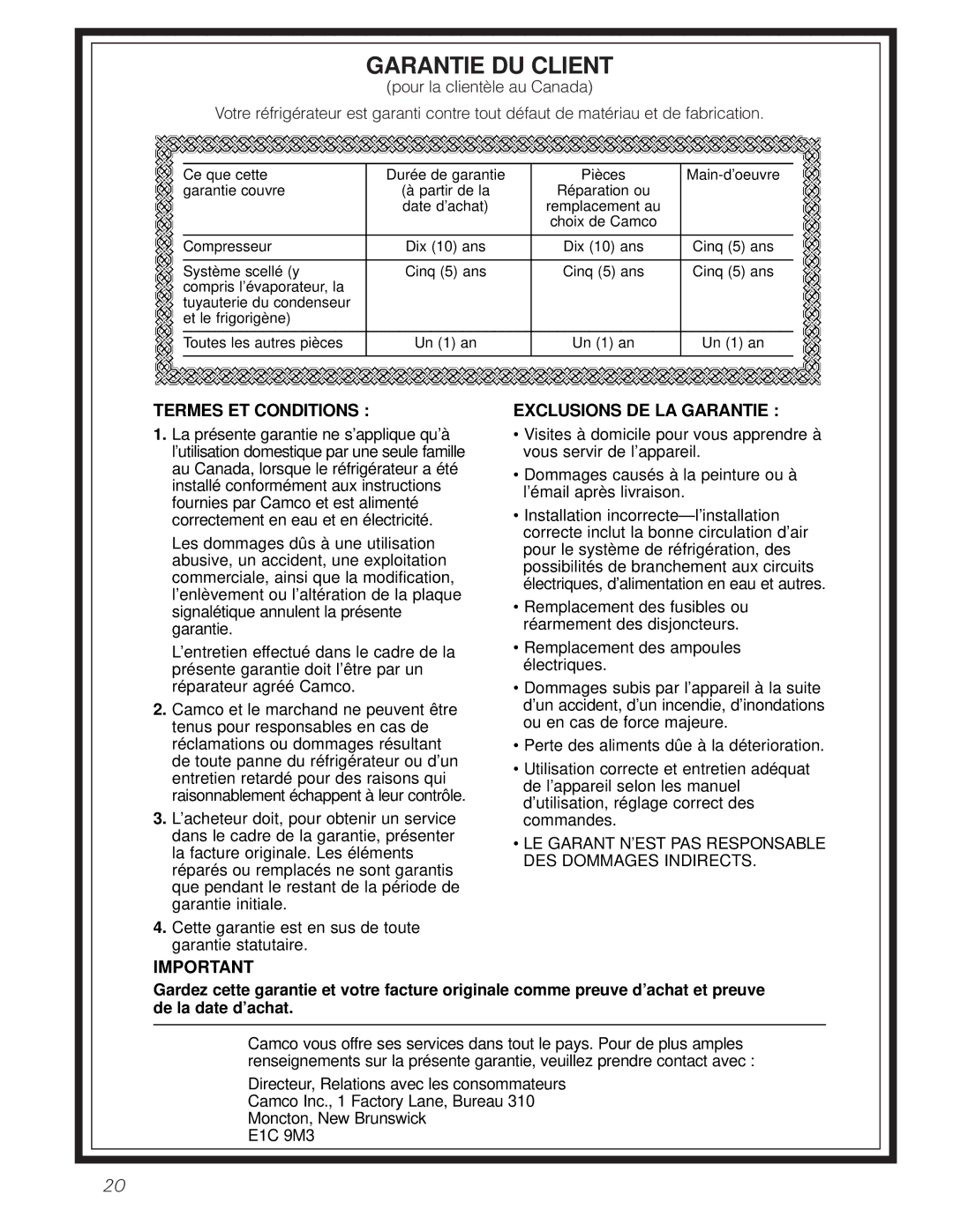 GE TCX18, TDC18, TCD18, TCS18, TCC18 owner manual Garantie DU Client 