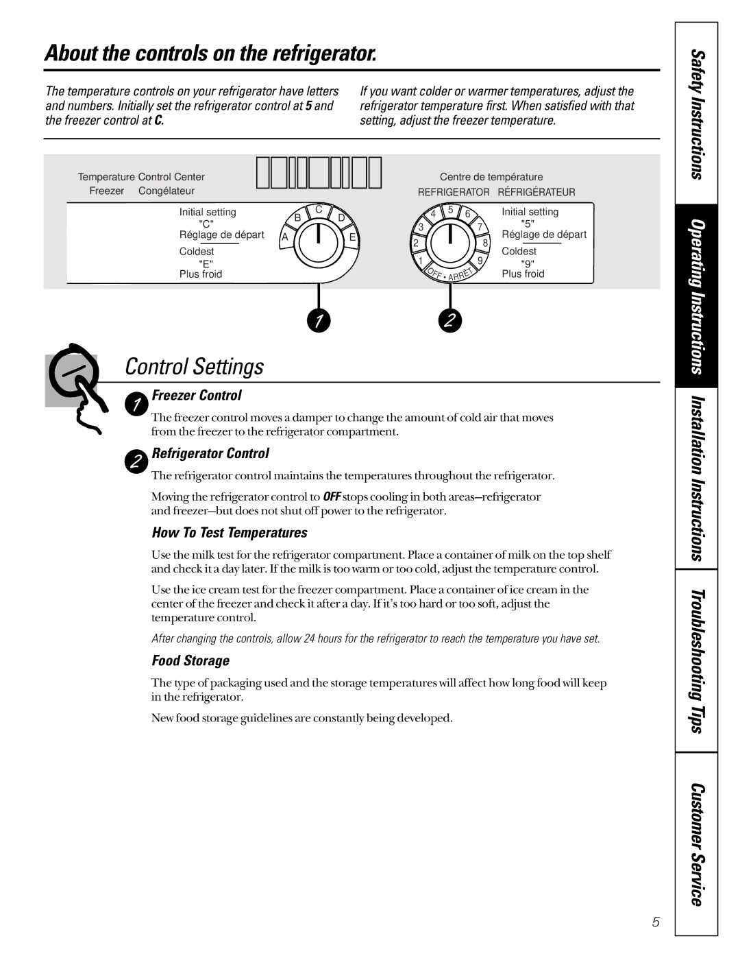 GE TDC18, TCD18, TCX18, TCS18, TCC18 owner manual About the controls on the refrigerator, Control Settings 