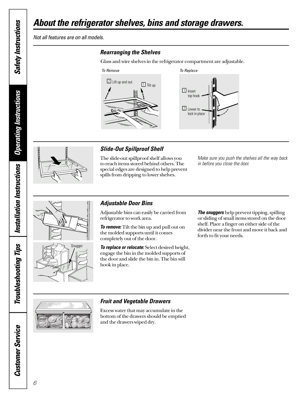 GE TCD18, TDC18, TCX18, TCS18, TCC18 owner manual About the refrigerator shelves, bins and storage drawers, SafetyInstructions 