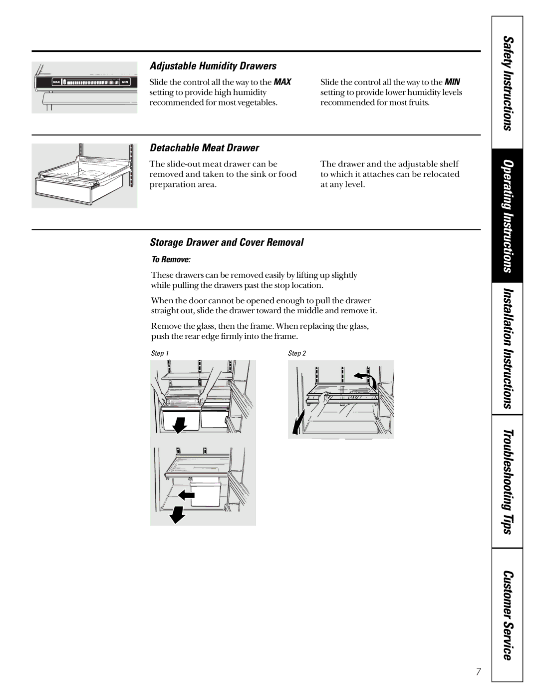 GE TCX18, TDC18, TCD18 Adjustable Humidity Drawers, Detachable Meat Drawer, Storage Drawer and Cover Removal, To Remove 