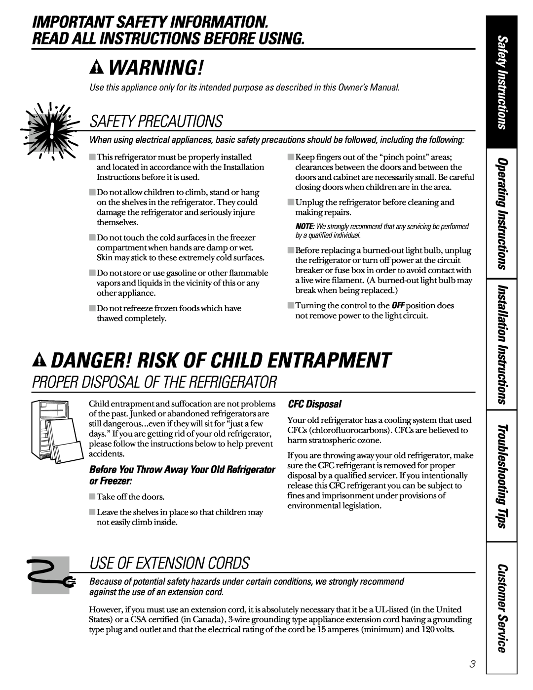 GE TCS18 Danger! Risk Of Child Entrapment, Important Safety Information Read All Instructions Before Using, CFC Disposal 