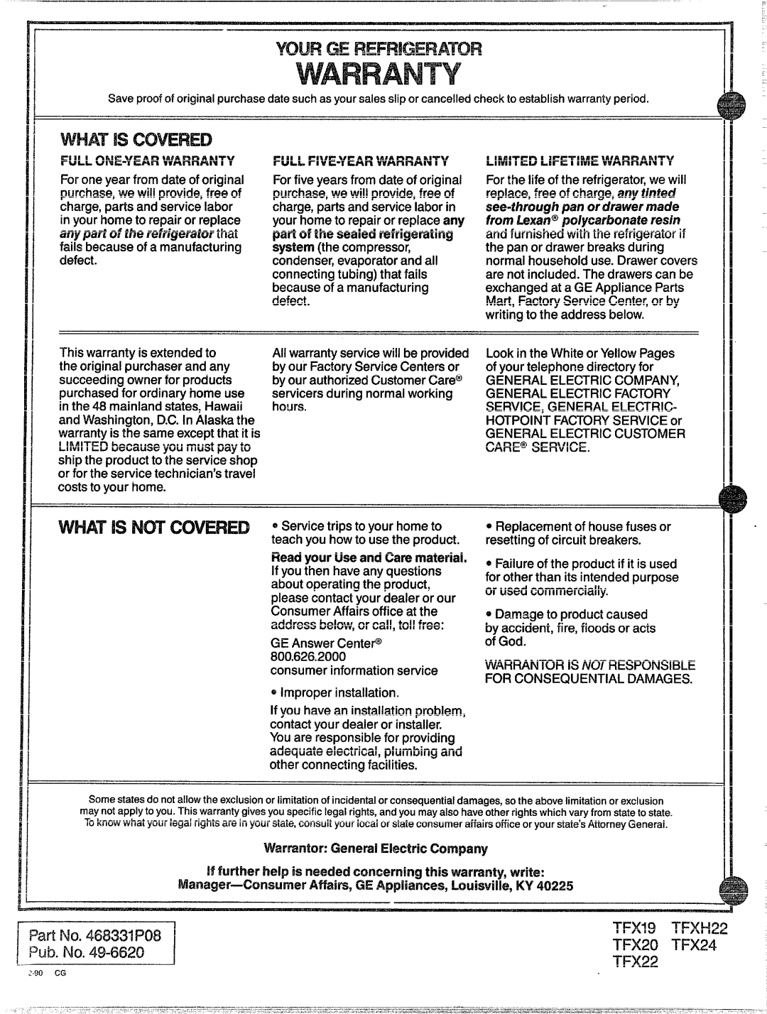 GE TFX19, TFXH22 and TFX24, TFX22, TFX20 warranty Warranty, Material 