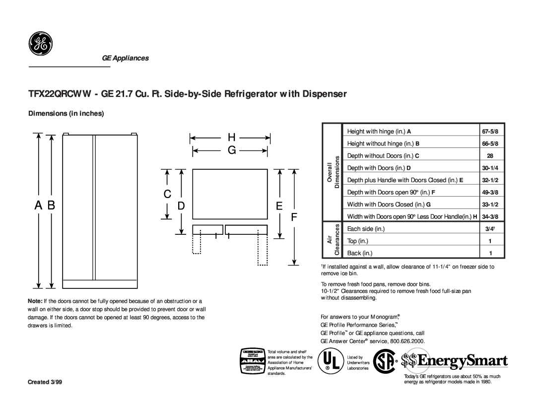 GE TFX22QRCWW, TFX22QRCAA dimensions H G C D, GE Appliances, Dimensions in inches, Top View, Created 3/99 