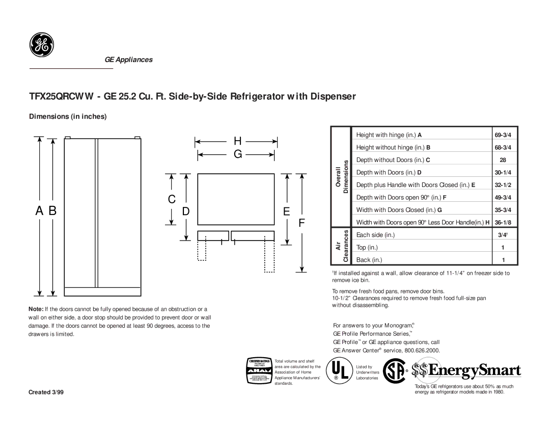 GE TFX25QRCWW, TFX25QRCAA dimensions Dimensions in inches, Air, Created 3/99 