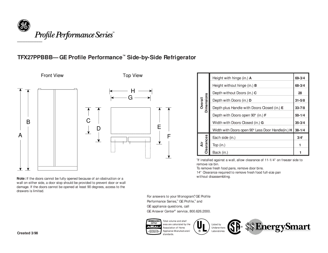 GE dimensions TFX27PPBBB-GE Profile Performance Side-by-Side Refrigerator, Front View Top View, Dimensions, Air 