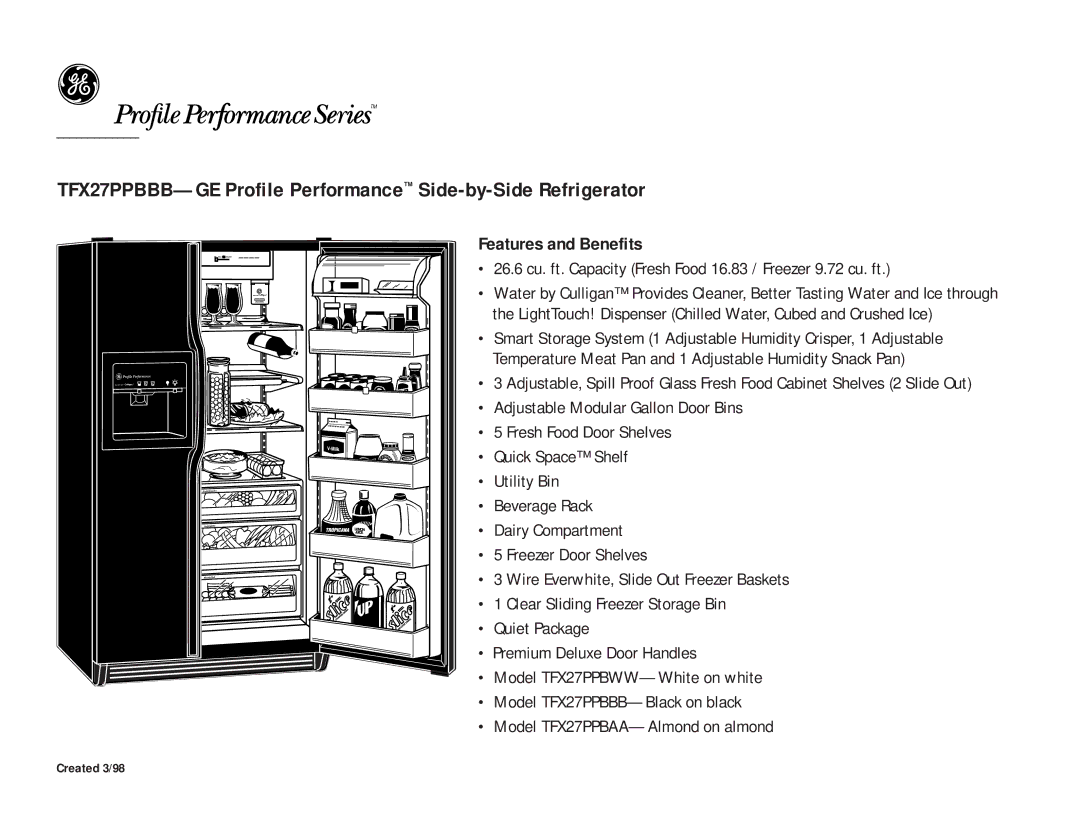 GE TFX27PPBWW, TFX27PPBAA, TFX27PPBBB dimensions Features and Benefits 