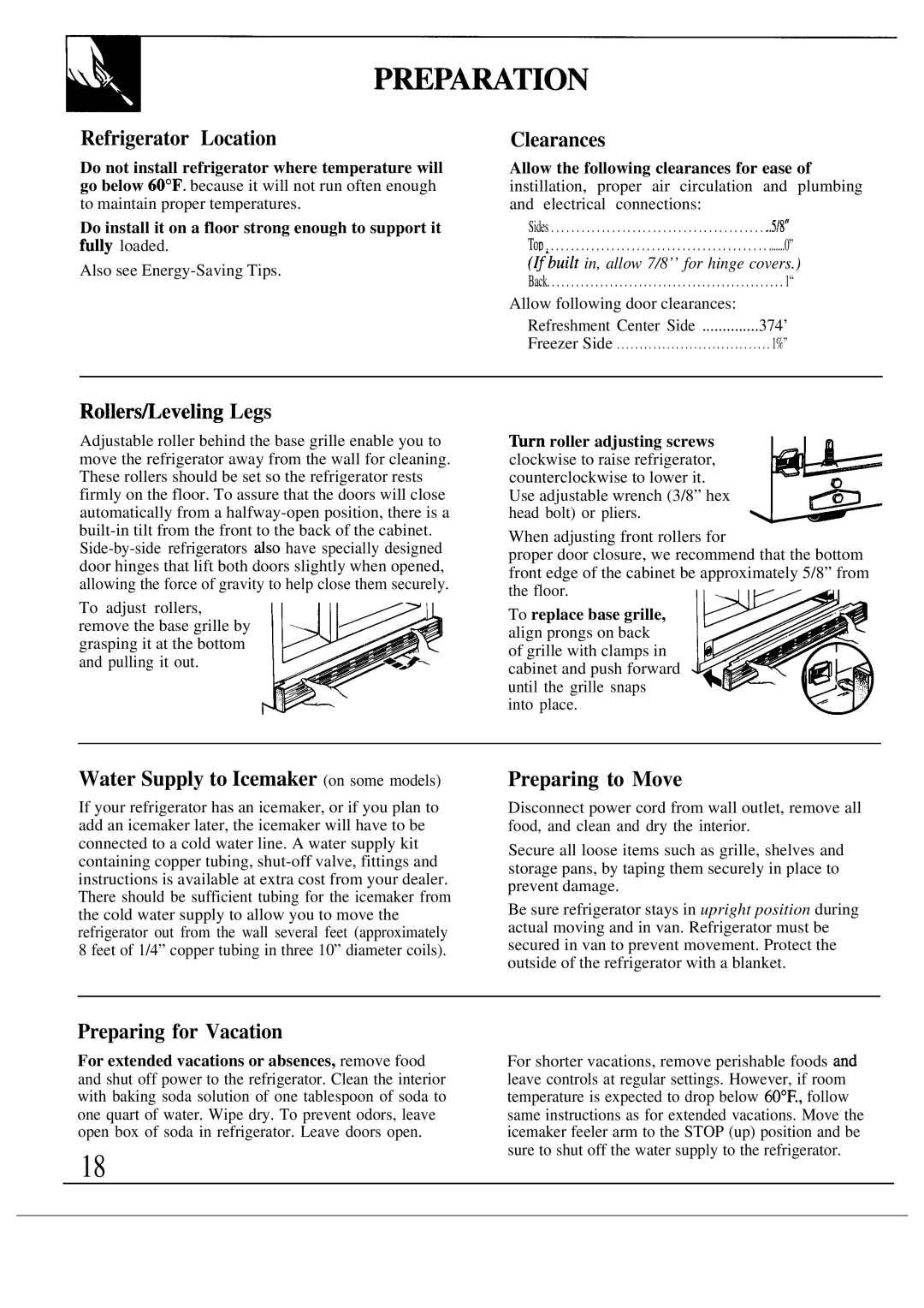 GE TFXA227F TFXB27F Refrigerator Location, Clearances, Rollers~eveling Legs, Water Supply to Icemaker on some models 