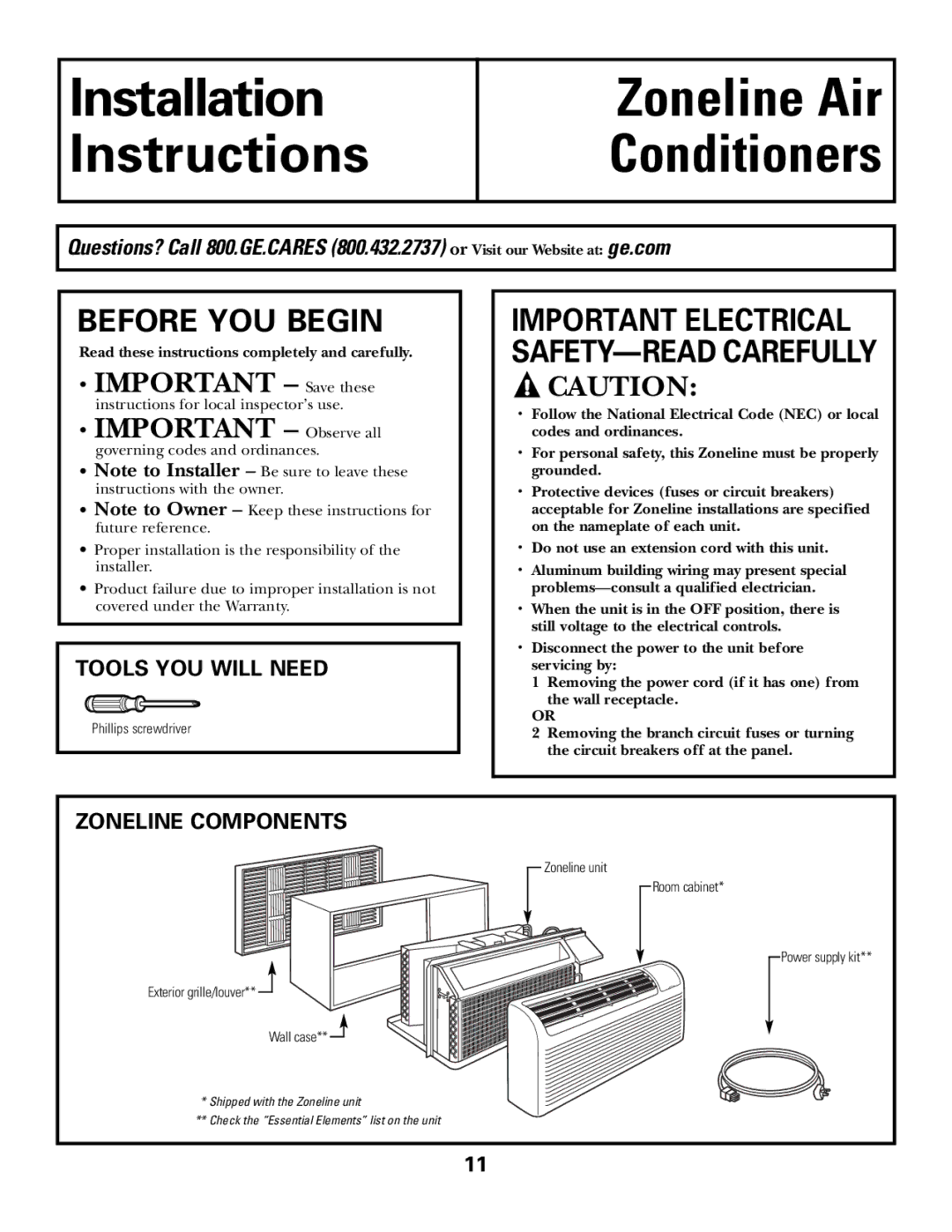 GE 2900, TINSEA530JBRZ, 3900 installation instructions Before YOU Begin, Tools YOU will Need, Zoneline Components 