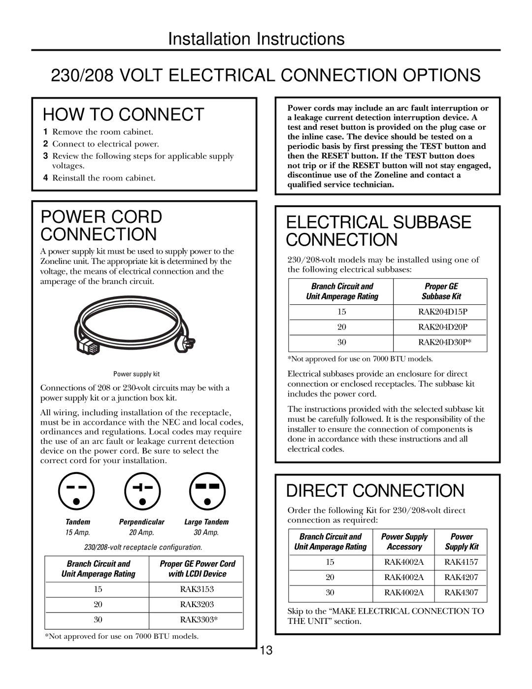 GE 3900, TINSEA530JBRZ 230/208 Volt Electrical Connection Options HOW to Connect, Power Cord Connection, Direct Connection 