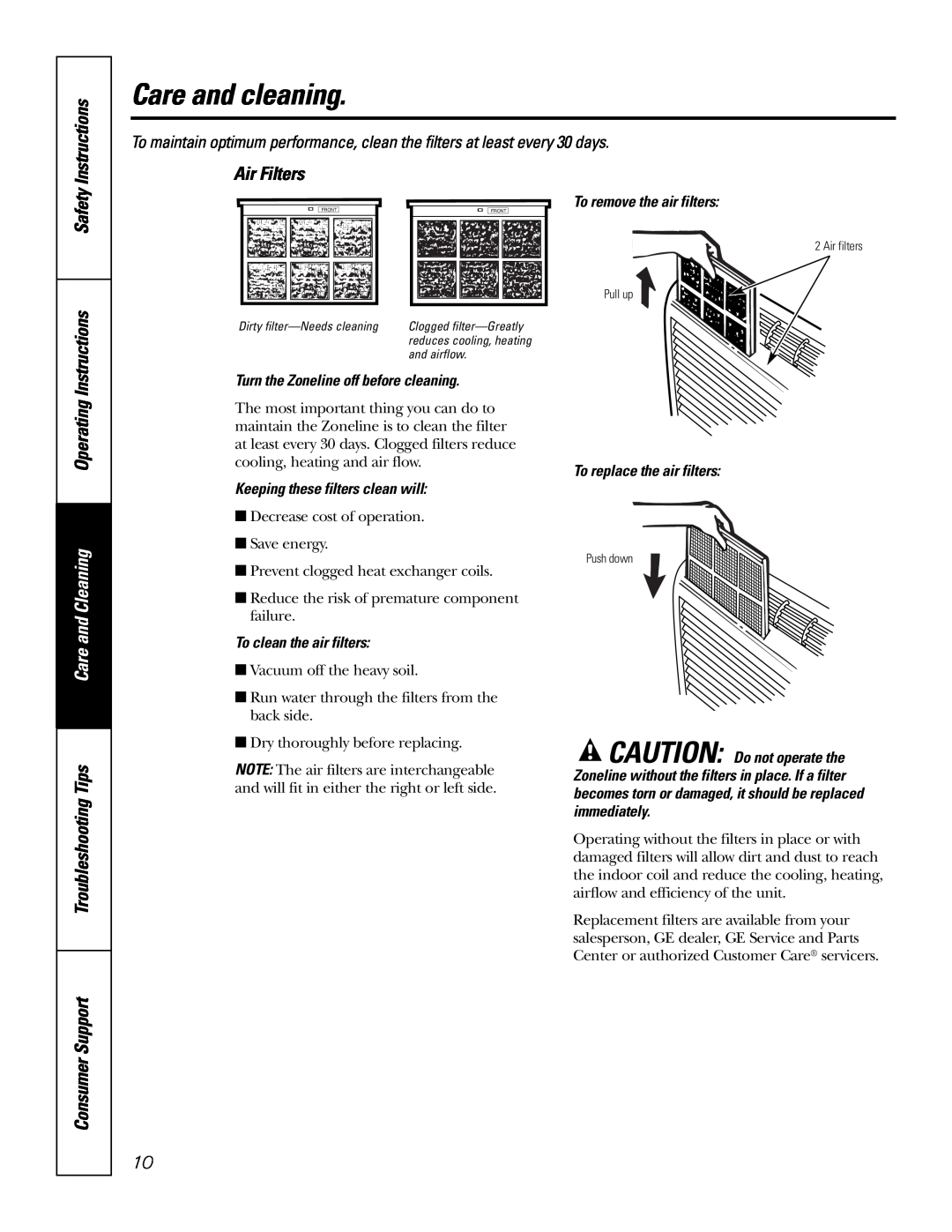 GE 3900 Safety Operating Instructions, Care and Cleaning, Air Filters, Care and cleaning, To clean the air filters 