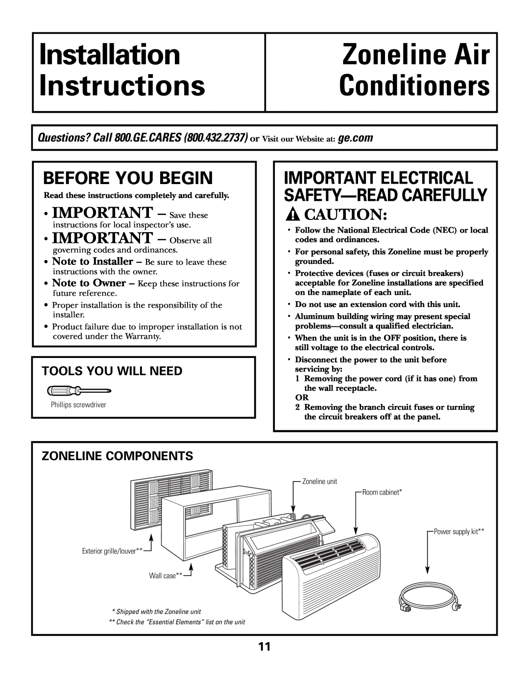 GE 2900 Before You Begin, Tools You Will Need, Zoneline Components, Installation Instructions, Zoneline Air Conditioners 